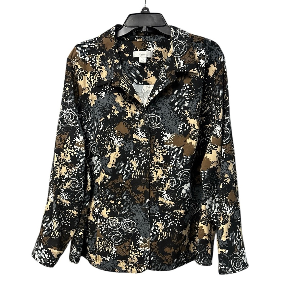 CJ Banks Abstract Print Black and Brown Button Front Long Sleeve Top Size 2X